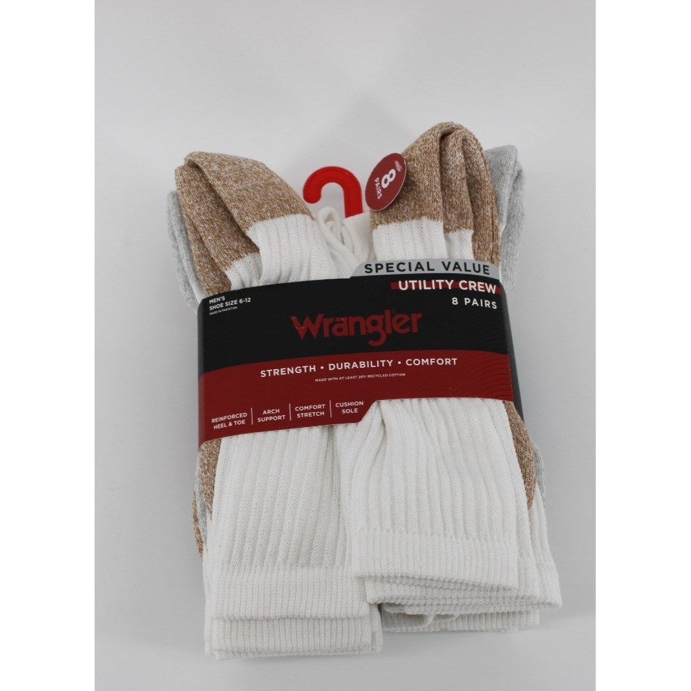 Wrangler Men's Ultimate Comfort Crew Socks, White, Size 6-12,‎ 8 Pack